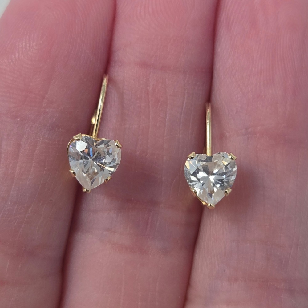 14K Yellow Gold Heart Cubic Zirconia Leverback Drop Earrings CZ Gold Jewelry